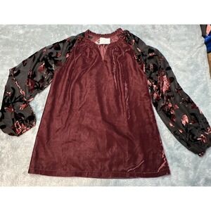 Bohera USA Marthia Velvet V-Neck Top‎ Sheer Black Floral Sleeves Women's SM